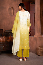 Mustard Organza Printed Lace Salwar Suit With Pant Dupatta